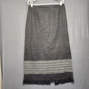 Vintage Lady Hazan Skirt Womens 14 Grey Geometric Wool Blend Fringe Back Zip